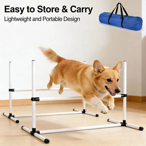 Dog jumping over All Weather Dog Agility Jump Set With Adjustable Bars PVC Training Kit For Indoor Outdoor Play Easy Setup Obstacle Course For Pup Exercise And Coordination Includes Portable Carry Bag in living room