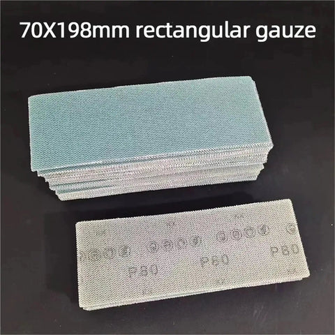 50 Pieces Of 70x198mm Dry Mesh Sandpaper Sheets for woodworking and car paint restoration, showing various grit levels.