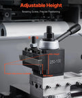 Front view of VEVOR 8-piece quick-change tool post set with lathe tool holders mounted on a metal lathe.