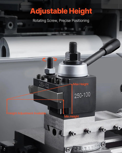 Front view of VEVOR 8-piece quick-change tool post set with lathe tool holders mounted on a metal lathe.