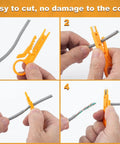 Steps showing 10 Piece Mini Wire Stripper Set With Secure Finger Loop for 5-6.2mm cables in use, ergonomic ABS handles, precise cut