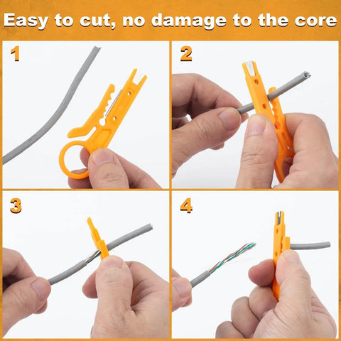 Steps showing 10 Piece Mini Wire Stripper Set With Secure Finger Loop for 5-6.2mm cables in use, ergonomic ABS handles, precise cut