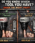 Comparison of SDS Max and SDS Plus shank sizes with example fingers; SDS Max for 4.5x17 inch heavy-duty 40CrMo steel spade bit.