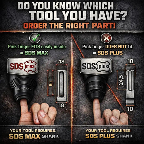 Comparison of SDS Max and SDS Plus shank sizes with example fingers; SDS Max for 4.5x17 inch heavy-duty 40CrMo steel spade bit.