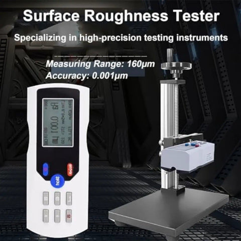 Portable Handheld Roughness Meter With 160 Micron Range Pro Grade Profilometer shown with calibration block and holder