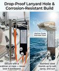 Ultimate Sailboat Rigging Tension Gauge For Quick Cable Checks, 0 To 800 Lb Range, Compatible With 3/32, 1/8, And 5/32 Inch Wire Rope, Hands Off Tension Tester For Standing Rigging, Tighten With Confidence. Stainless steel gauge on sailboat rigging with carabiner and rope