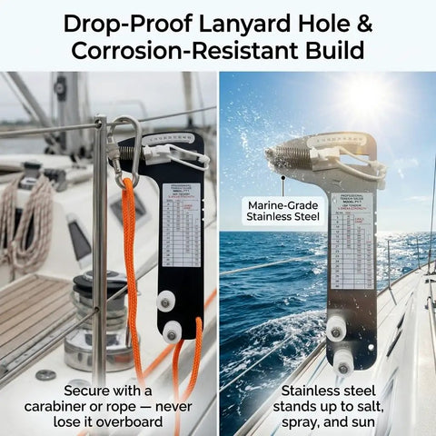 Ultimate Sailboat Rigging Tension Gauge For Quick Cable Checks, 0 To 800 Lb Range, Compatible With 3/32, 1/8, And 5/32 Inch Wire Rope, Hands Off Tension Tester For Standing Rigging, Tighten With Confidence. Stainless steel gauge on sailboat rigging with carabiner and rope