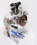 Top Notch Semi Automatic Round Bottle Labeling Machine With A Slick Label Applicator And 110V Wall Plug Power For Quick Setup And Rock Solid Heavy Duty Performance, showing machine components.