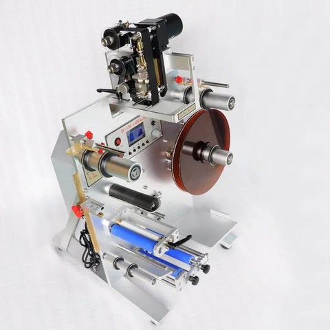 Top Notch Semi Automatic Round Bottle Labeling Machine With A Slick Label Applicator And 110V Wall Plug Power For Quick Setup And Rock Solid Heavy Duty Performance, showing machine components.