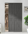 Double K Shape Sliding Closet Door 48 By 80 Inches With Hardware Kit And Matching Fascia, Solid Wood Slab With Waterproof And Scratch Resistant PVC Surface, Preassembled For Easy Install, Gray, installed in living room.