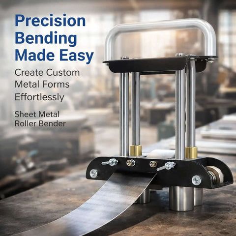 Workhorse Sheet Metal Bending Tool For 0-90 Degree Angles, metal roller bender on a workbench with steel sheet ready for bending.