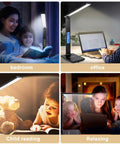 Collage of All In One LED Desk Lamp With Wireless Charger For Home Or Office in various settings: bedroom, office, child reading, relaxing