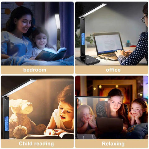 Collage of All In One LED Desk Lamp With Wireless Charger For Home Or Office in various settings: bedroom, office, child reading, relaxing