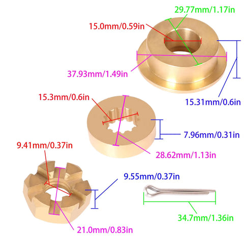 Dimensions of Outboard Propeller Hardware Kit For 8HP To 15HP Engines With Thrust Bushing, Spacer, Prop Nut And Cotter Pin.