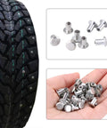 Heavy Duty Tungsten Steel Tire Stud Screws 100 Piece Set showing tire tread with installed studs and loose screws in hand.