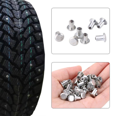 Heavy Duty Tungsten Steel Tire Stud Screws 100 Piece Set showing tire tread with installed studs and loose screws in hand.