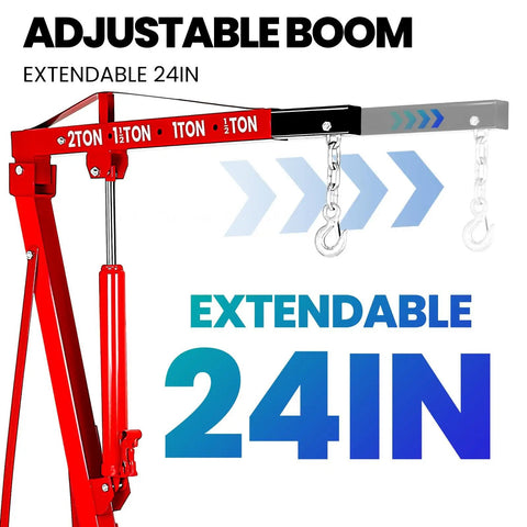 Heavy Duty 2 Ton Folding Hydraulic Engine Hoist Handling Up To 4000 Pounds Without Breaking A Sweat For Home Garages And Pro Auto Shops featuring adjustable 24-inch boom.