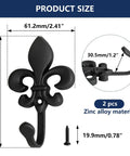 Top Shelf 2 Pack Black Wall Hooks for Kitchen and Bathroom, Vintage Farmhouse Decor, Heavy Duty and Sturdy Coat and Towel Hooks with Classic Matte Finish showing dimensions and zinc alloy material.