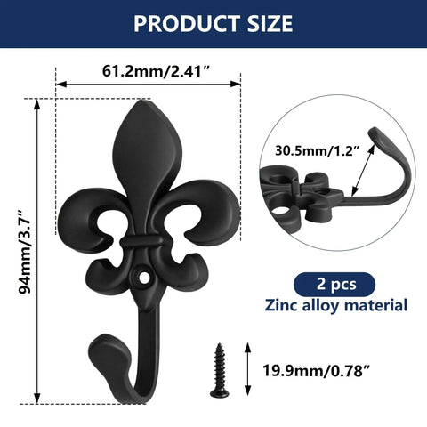 Top Shelf 2 Pack Black Wall Hooks for Kitchen and Bathroom, Vintage Farmhouse Decor, Heavy Duty and Sturdy Coat and Towel Hooks with Classic Matte Finish showing dimensions and zinc alloy material.
