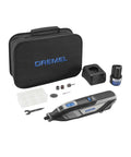 Dremel cordless rotary tool kit with black case, 12V battery, charger, 5 accessories, wrench, and carry bag