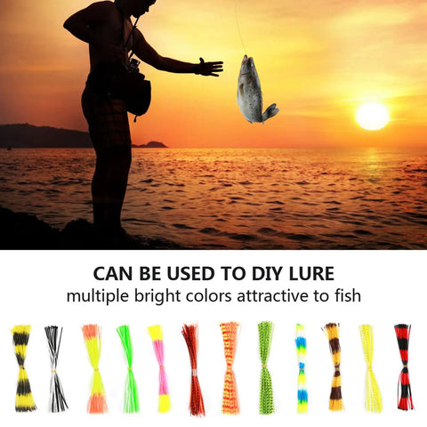 Top Shelf Flexible Silicone Lure Skirts Six Hundred Strand Bulk Pack For Jig Tying And Spinnerbait Assembly, colorful strands with fish caught.