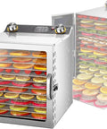 Heavy Duty Workhorse Stainless Steel Freeze Dryer And Electric Food Dehydrator With Smart 12 Hour Countdown Timer showing stacked trays of assorted dried fruit.