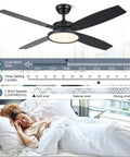 Dope 52 Inch Matte Black Modern Ceiling Fan With LED Lights And Remote Quiet Motor Reversible Four Blade Low Profile Design