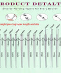 Diagram of various straight piercing tapers 14G 16G 18G 20G with lengths and sizes, from Piercing Taper Ball Grabber Tool Kit For Quick Jewelry Swaps.