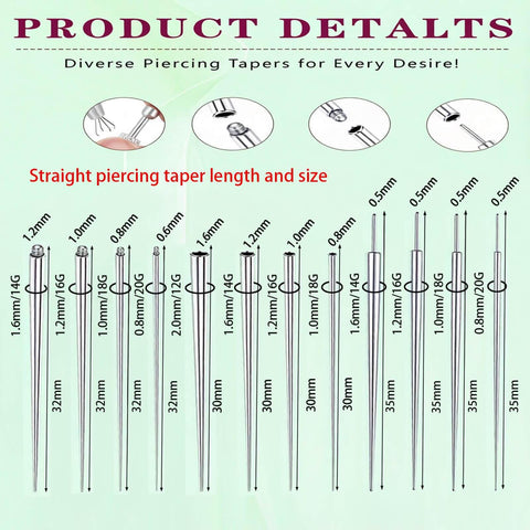 Diagram of various straight piercing tapers 14G 16G 18G 20G with lengths and sizes, from Piercing Taper Ball Grabber Tool Kit For Quick Jewelry Swaps.