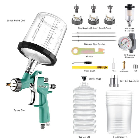 Lightweight Pro Lvlp Spray Gun Kit with 650cc paint cup, size nozzles, air pressure regulator and cleaning tools for smooth finishes.
