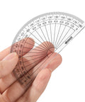 Bulk 100 Pack Clear Plastic Protractors 4 Inch Transparent Geometry Measuring Tools Premium Student Academic Essentials Built Different Quality Drafting Kit held in hand.