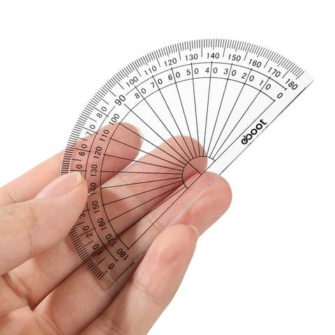 Bulk 100 Pack Clear Plastic Protractors 4 Inch Transparent Geometry Measuring Tools Premium Student Academic Essentials Built Different Quality Drafting Kit held in hand.