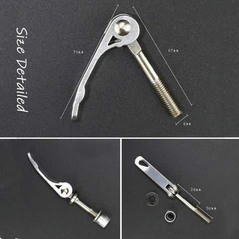 Golden Quick Release Seat Post Clamp For Bikes, alloy material with size details, side and top view, CNC machined nut visible
