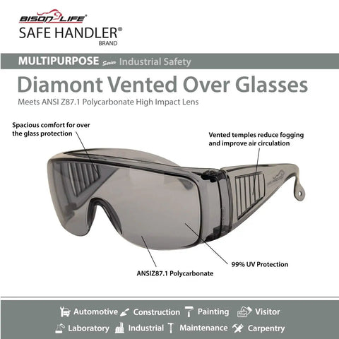Heavy Duty Vented Over Glasses Safety Glasses With Gray Tinted Lenses 144 Bulk Pack Super Chill Airflow Design For All Day No Sweat Eye Protection Slides On Smoothly Over Prescription Specs For Job Sites