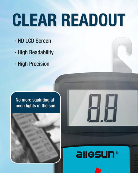 Electric Fence Voltage Tester And Fault Finder With Digital Display showing 0.8 reading, highlighting clear HD LCD screen, EM555.