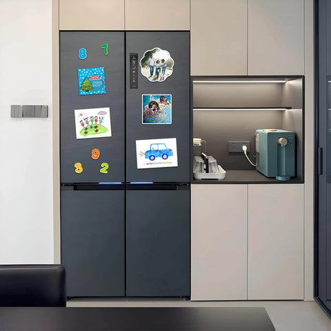 10 Pack 8.5 By 11 Inch 20 Mil Non Adhesive Rubber Magnetic Sheets on fridge with crafts and signage