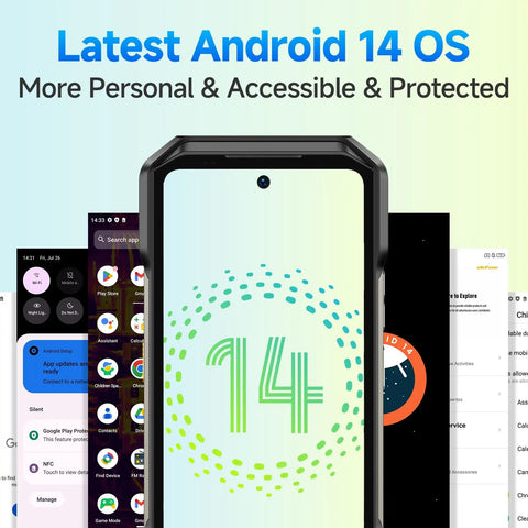 Tough As Nails Unlocked Rugged Smartphone With 64MP Night Vision And 50MP Wide Lens showing Latest Android 14 OS interface.