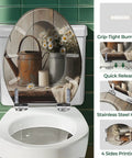 Elongated Toilet Seat Farmhouse with floral design, grip-tight bumpers, and stainless steel hinges, compatible with standard toilets.