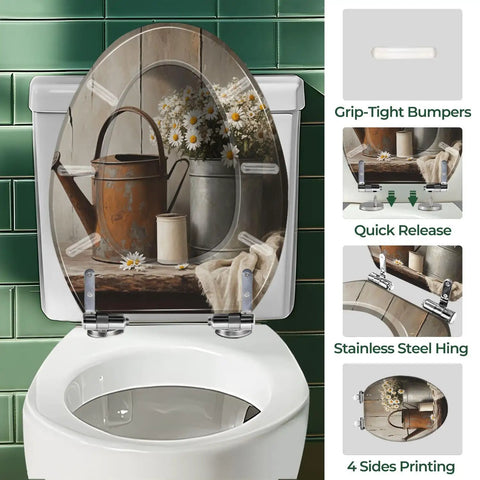 Elongated Toilet Seat Farmhouse with floral design, grip-tight bumpers, and stainless steel hinges, compatible with standard toilets.