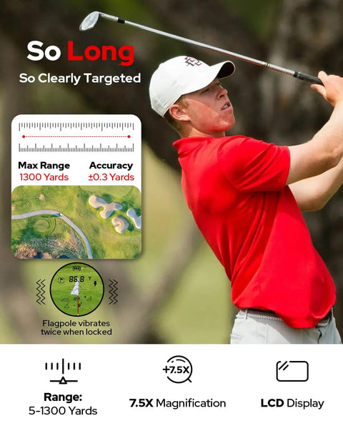 Golfer using Rangefinder With Slope For Golf, 1300 Yard Yardage, 7.5x Magnification, Magnetic Mount, Type C Rechargeable.