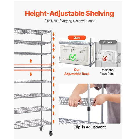 Height-adjustable shelving on the 8-Tier Rolling Bin Rack With 26 PP Bins On Sturdy Steel Frame For Your Garage, Shop, Office Or Kitchen Organization.