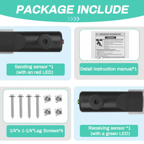 Package contents of the Garage Door Sensor Replacement Kit For Genie And Overhead Openers Made After 1993, including sensors and manual