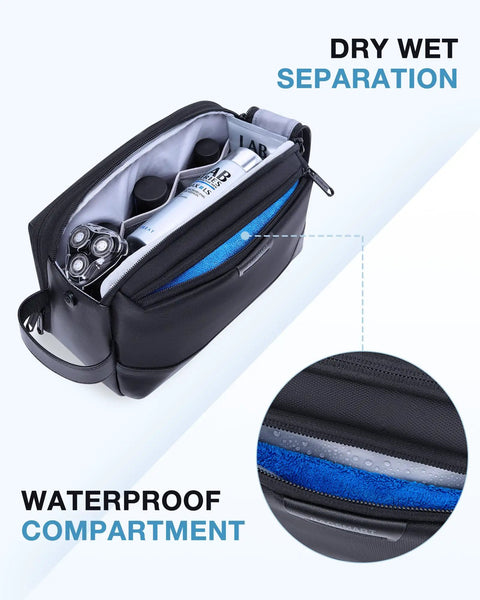 Men Toiletry Bag Large Travel Organizer Dopp Kit Water Resistant PU Leather Exterior With Wide Opening Interior Compartments For Grooming Essentials In Black with separate compartments.