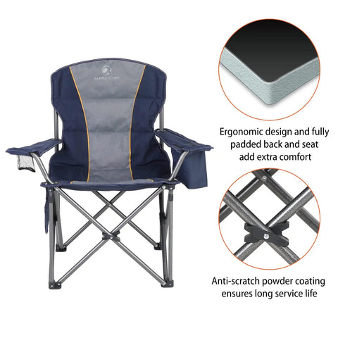 Oversized Folding Camping Chair With Cooler Bag, Side Pocket And Cup Holder, Heavy Duty Portable Lawn Chair For Outdoors, Holds Up To 450 Lbs, shown with padded back and anti-scratch frame.