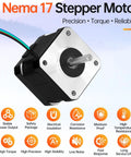 NEMA 17 stepper motor with black body and silver mounting face, exposed shaft and multi-wire cable.