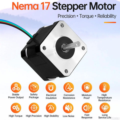 NEMA 17 stepper motor with black body and silver mounting face, exposed shaft and multi-wire cable.