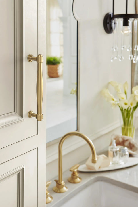 Enlivity Champagne Bronze Cabinet Pull 5-1/16 Inch Center To Center For Cabinets in use on kitchen drawer, warm satin finish