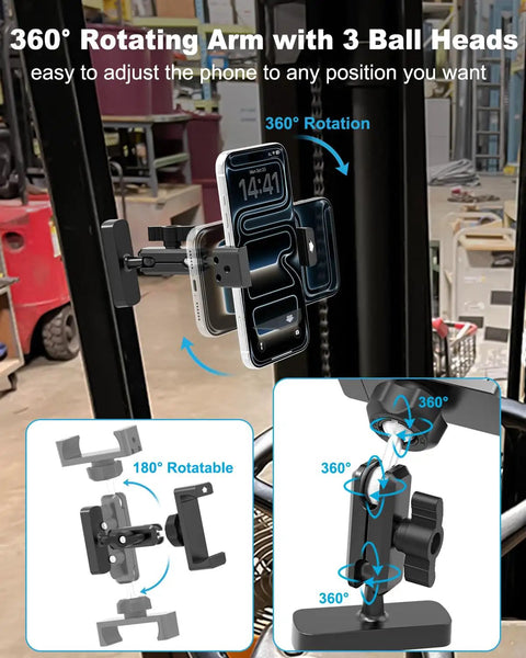Heavy Duty Magnetic Forklift Phone Mount With Rock Solid N56 Magnet That Locks In Tight For Operator Console 360 Degree Adjustable Aluminum Bracket showcasing 360° rotating arm with three ball heads.