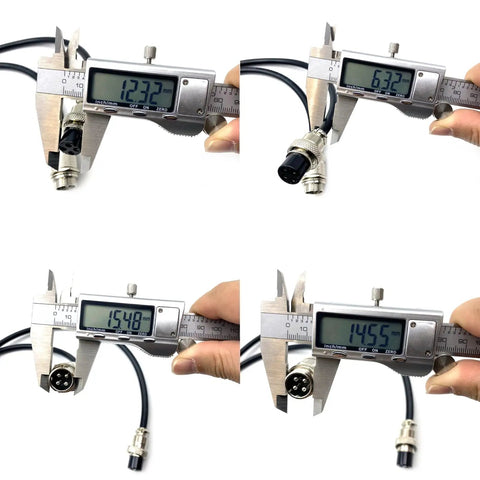 Calipers measuring GX16 4 Pin Cable Cordset Male To Female Aviation Connector dimensions, shown with digital displays.