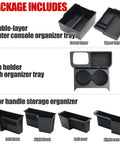 Ford Maverick Center Console Organizer Kit With Dual Cup Holders And Door Handle Storage, 7-Piece Set components displayed.